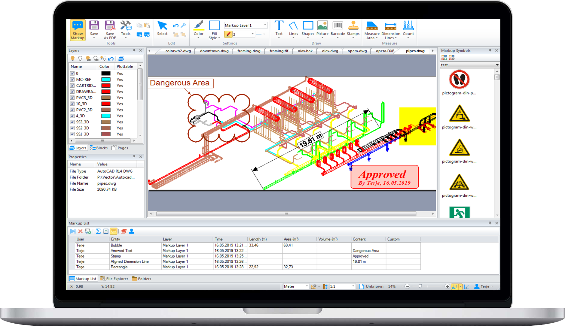 RxHighlight desktop viewer with markup tools, stamps and measurements on a DWG drawing