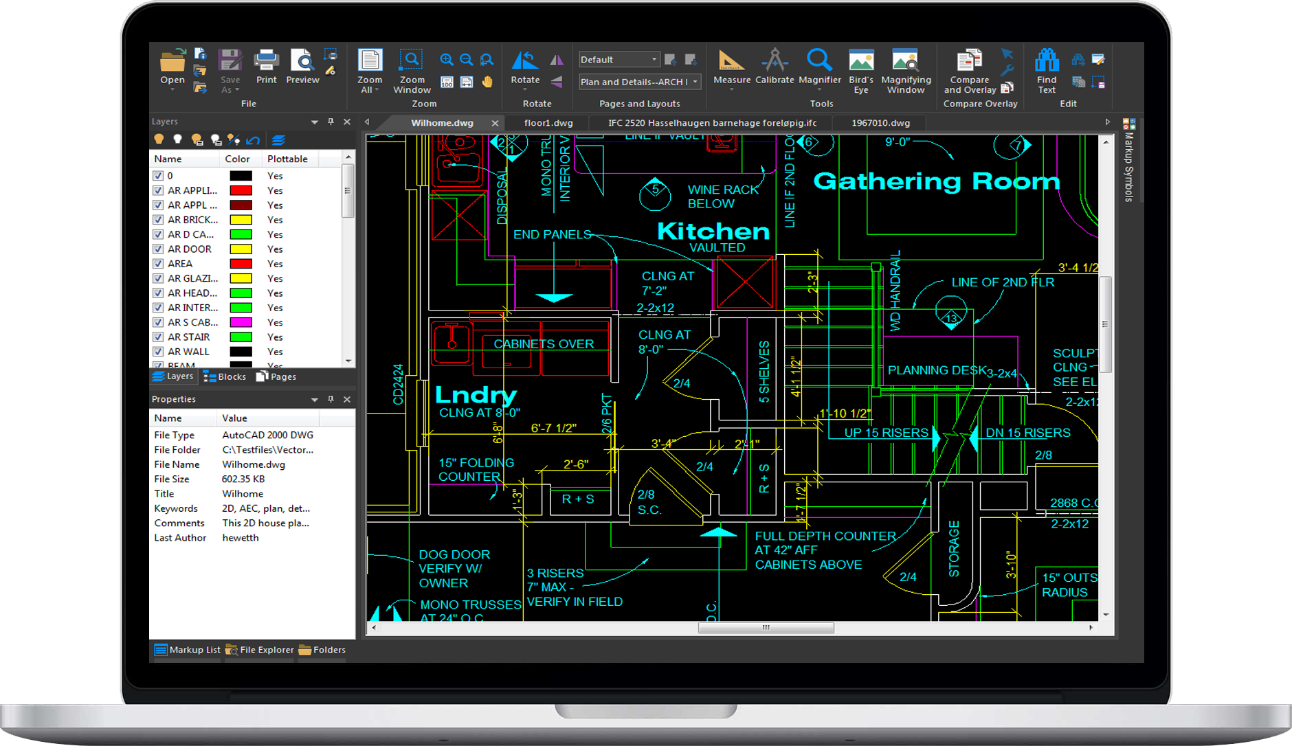 RxView desktop viewer showing a DWG floor plan with CAD layers