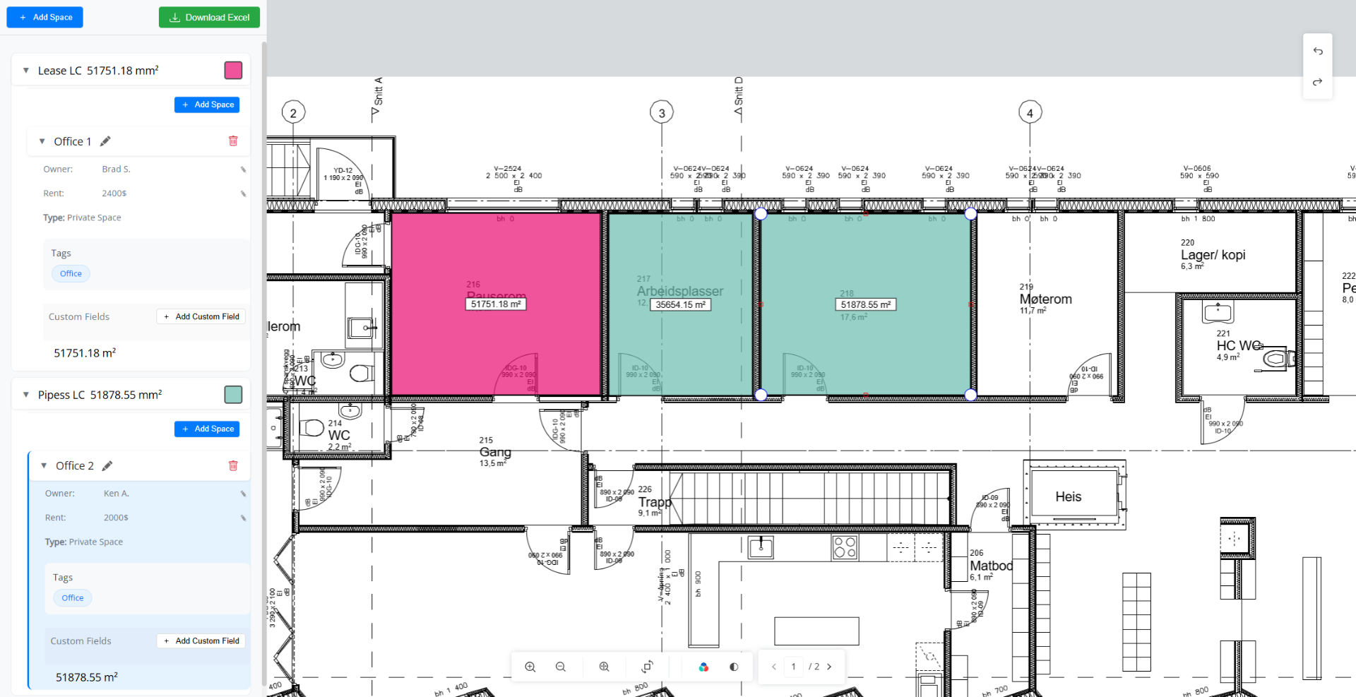 Facility Management — Hatch rooms on the floor plan. Attach data to each one.