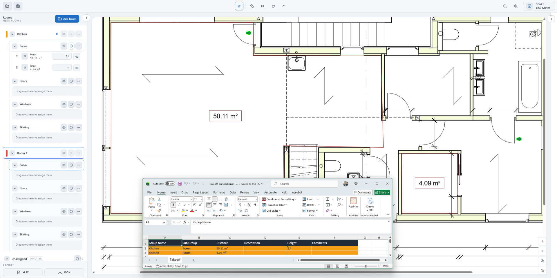 Measurement & Takeoff — Set scale, measure, count. Export straight into the estimate.